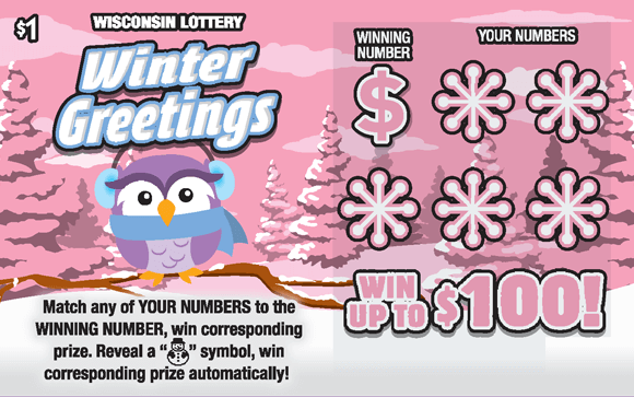 Winter Greetings Scratch Game pink owl wearing blue scarf and earmuffs sitting on a snow covered branch in snow covered forest with pastel green pine trees with dollar sign and snowflake icons on Wisconsin Lottery game