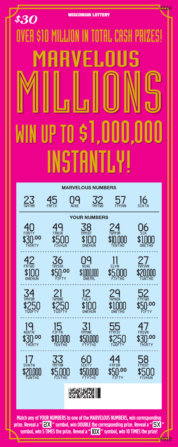 Marvelous Millions Scratch Game art deco style gold writing on bright pink background with dollar signs in squares on Wisconsin Lottery scratch game
