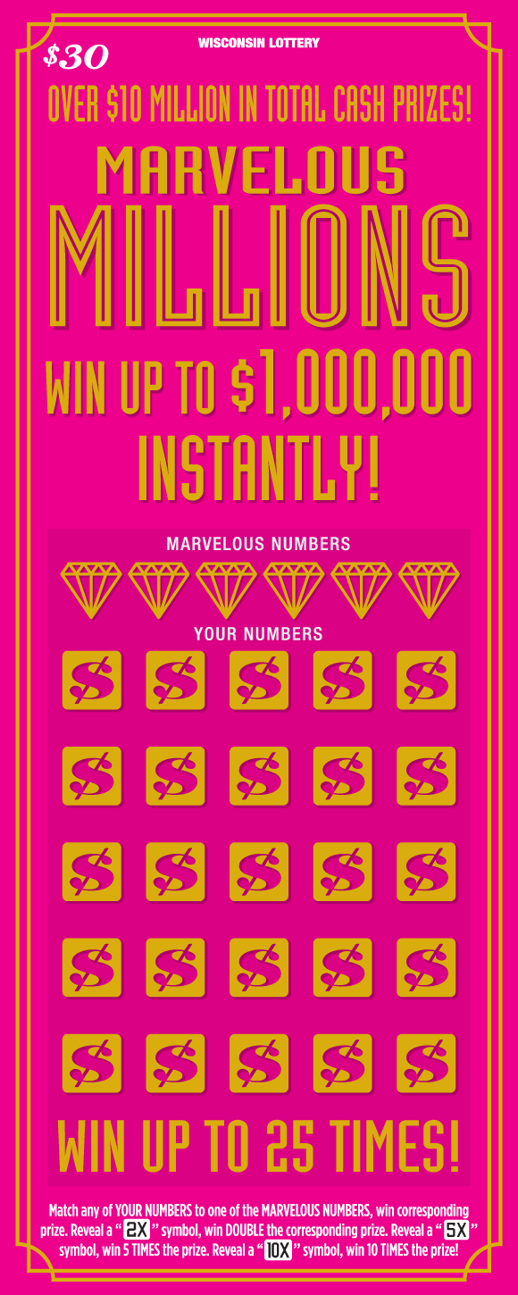 Marvelous Millions Scratch Game art deco style gold writing on bright pink background with dollar signs in squares on Wisconsin Lottery scratch game
