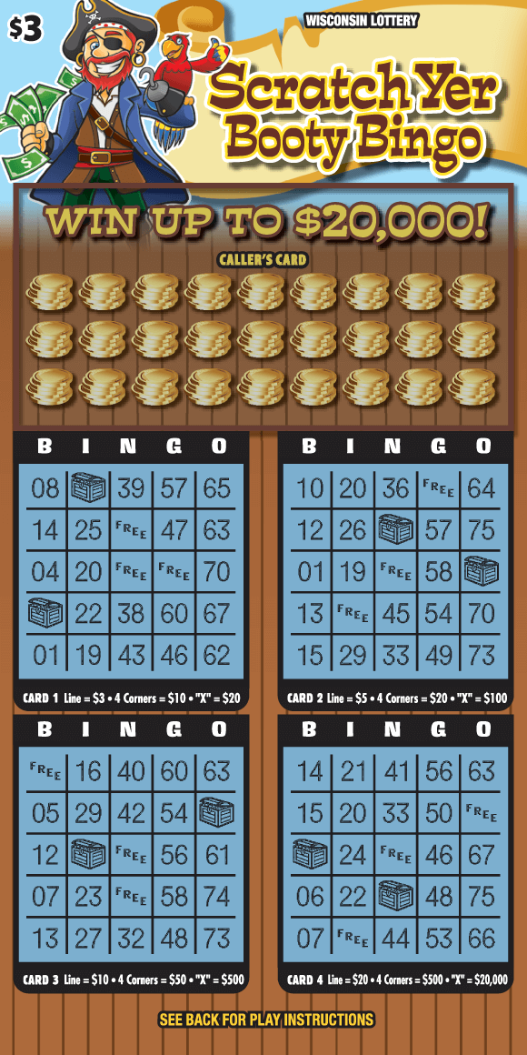 brown wooden plank background with stacks of gold coins with pirate holding handful of dollars wearing black eye patch and metal hook with red parrot on his shoulder on Wisconsin Lottery scratch game
