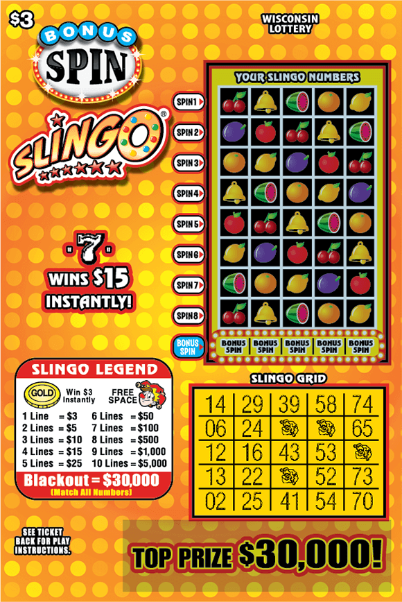 orange and yellow dot in various shades in grid pattern with cherry, bell, watermelon, lemon, orange and grape icons on bright orange background on Wisconsin Lottery game