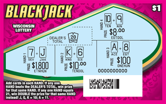 green blackjack table with pink playing cards and stacks of yellow, pink and grey poker chips with dark magenta flourishes on pick background on Wisconsin Lottery scratch game