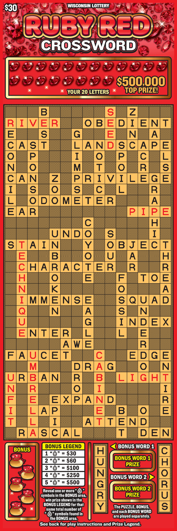 Ruby Red Crossword Scratch Game assortment of shimmering red rubies on bright red background with tall gold crossword board on Wisconsin Lottery game