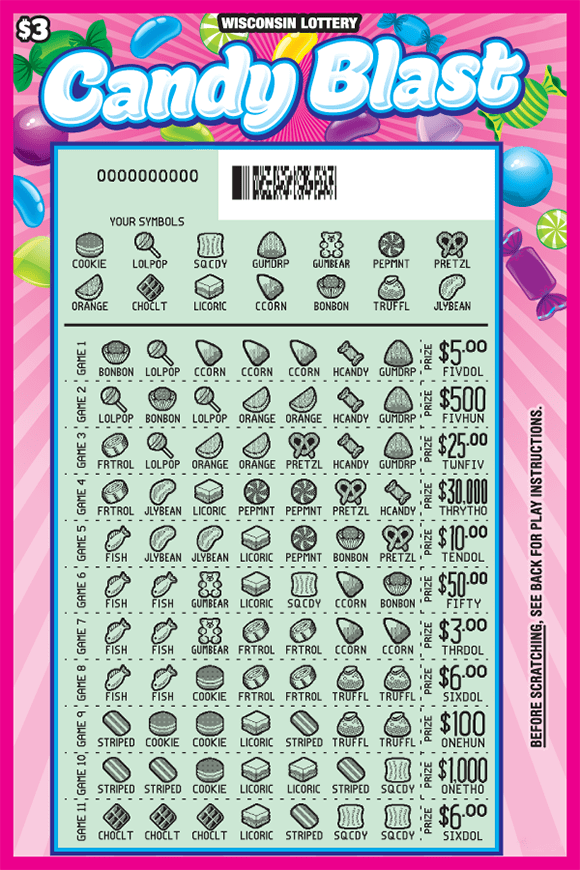 Candy Blast Scratch Game alternating light and bright pink starburst with bold colored purple, green and yellow wrapped candy with icons of assorted candies on Wisconsin Lottery scratch game