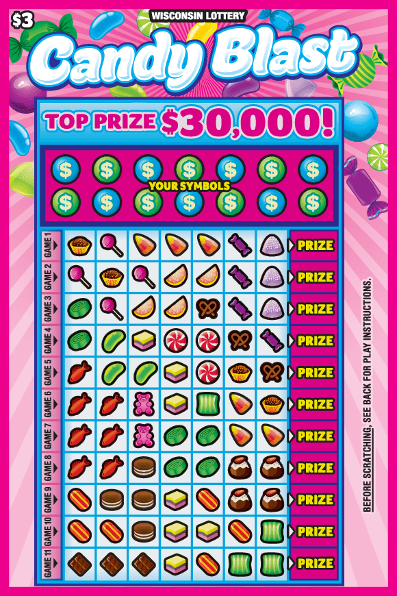 Candy Blast Scratch Game alternating light and bright pink starburst with bold colored purple, green and yellow wrapped candy with icons of assorted candies on Wisconsin Lottery scratch game
