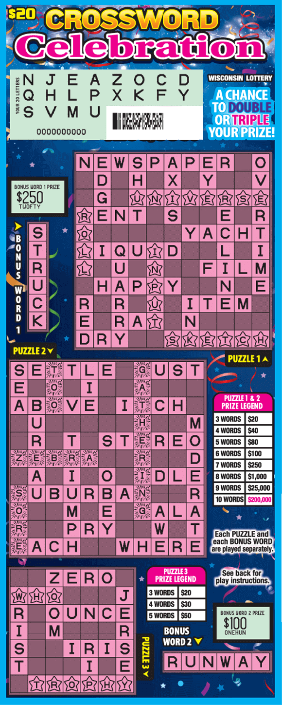 colorful confetti and streamers on bold blue background with three pink crossword boards on Wisconsin Lottery game