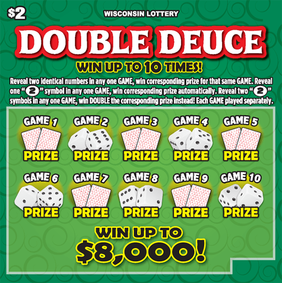 dark green swirls on bright green background with dice and playing cards on Wisconsin Lottery scratch game