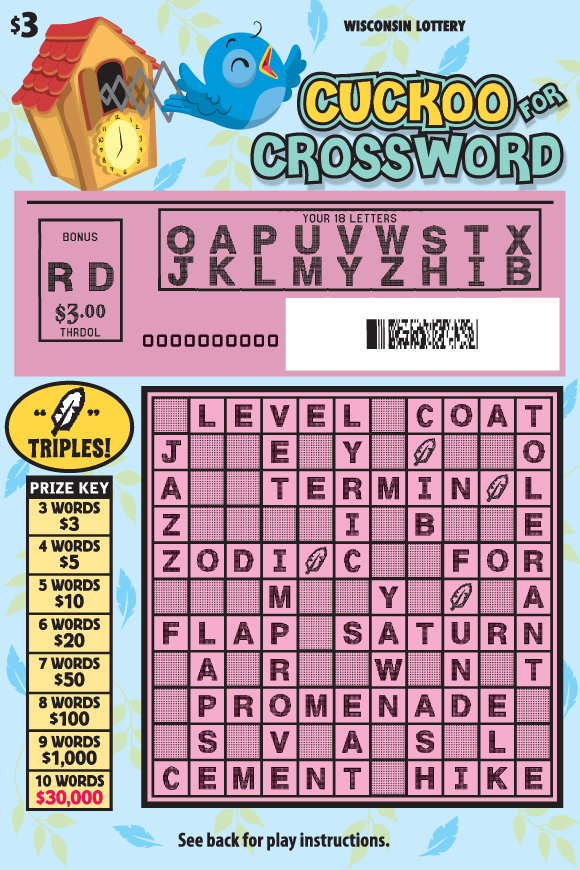 Cuckoo for Crossword Scratch Game blue bird coming out of yellow cuckoo clock with red roof on light blue background with blue feathers and green leaves on Wisconsin Lottery scratch game