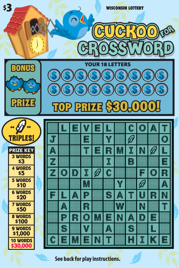 Cuckoo for Crossword Scratch Game blue bird coming out of yellow cuckoo clock with red roof on light blue background with blue feathers and green leaves on Wisconsin Lottery scratch game