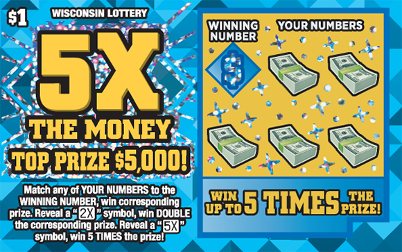 5X the Money Scratch Game Bright blue ticket with Yellow 5X title, with a match and win play style.