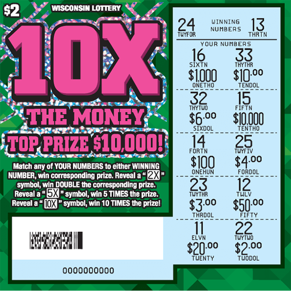 10X the Money Scratch Game background filled with assortment of light and dark green triangles with icons of stacks of money with big bold font in bright pink outlined by shimmering silver pattern