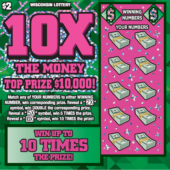 10X the Money Scratch Game background filled with assortment of light and dark green triangles with icons of stacks of money with big bold font in bright pink outlined by shimmering silver pattern