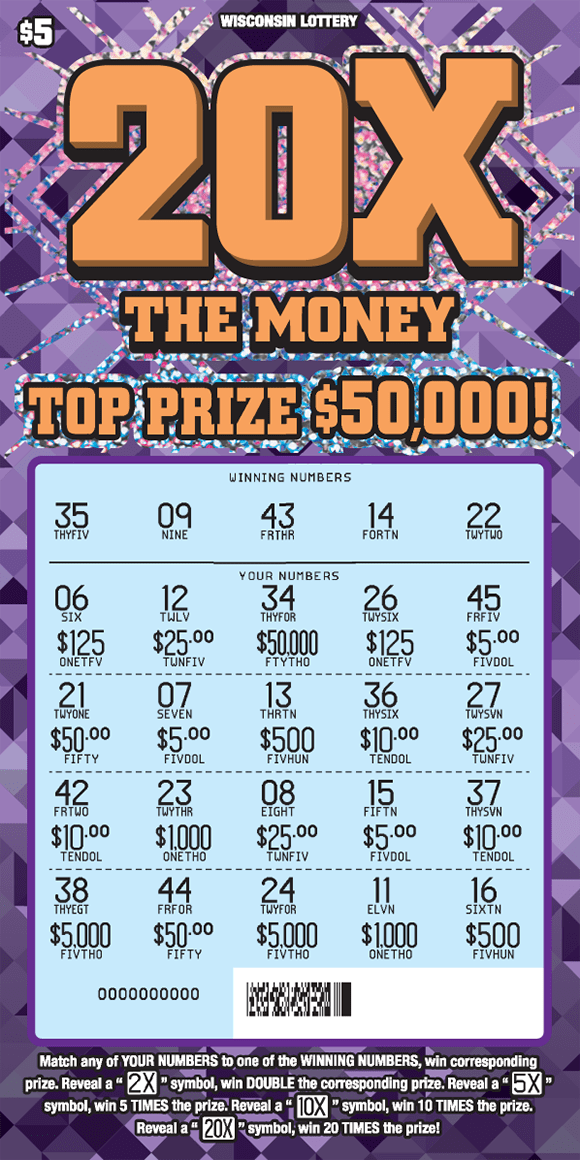 20X the Money background filled with assortment of light and dark purple triangles with icons of stacks of money with big bold font in bright orange outlined by shimmering silver pattern