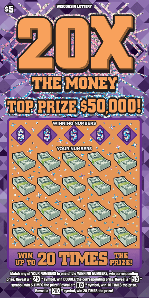 20X the Money background filled with assortment of light and dark purple triangles with icons of stacks of money with big bold font in bright orange outlined by shimmering silver pattern