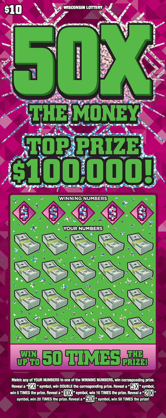 background filled with assortment of light and pink triangles with icons of stacks of money with big bold font in bright green outlined by shimmering silver pattern 