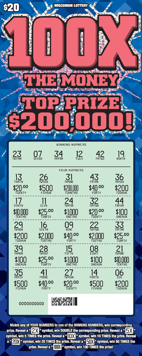 100X the Money background filled with assortment of light and blue triangles with icons of stacks of money with big bold font in pink outlined by shimmering silver pattern