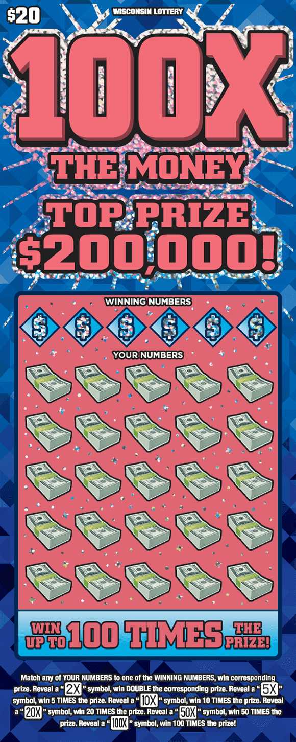 100X the Money background filled with assortment of light and blue triangles with icons of stacks of money with big bold font in pink outlined by shimmering silver pattern