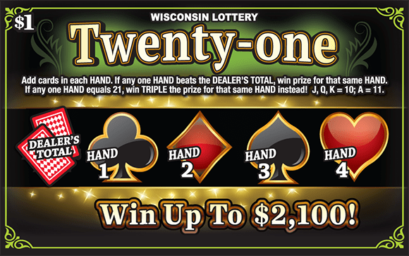 Twenty-one Scratch Game red heart and diamond black club and spade outlined in gold lines and shimmering lights with red and white card icons with twenty-one in white font with green shadow
