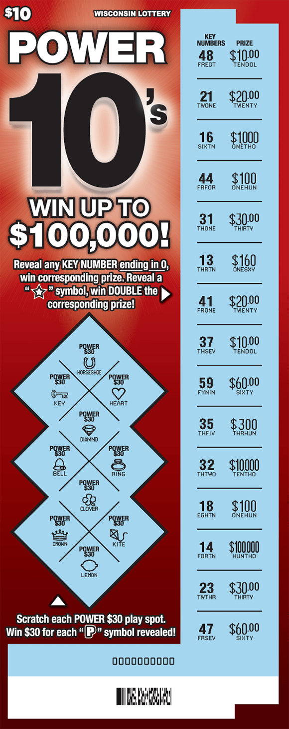 Power 10's Scratch Game red diamond pattern outlined with peach and bold white dollar signs on dark red gradient background Wisconsin Lottery scratch game