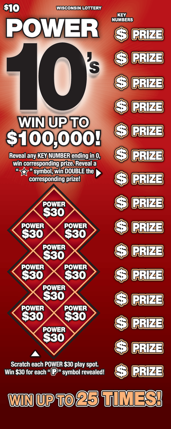 Power 10's Scratch Game red diamond pattern outlined with peach and bold white dollar signs on dark red gradient background Wisconsin Lottery scratch game