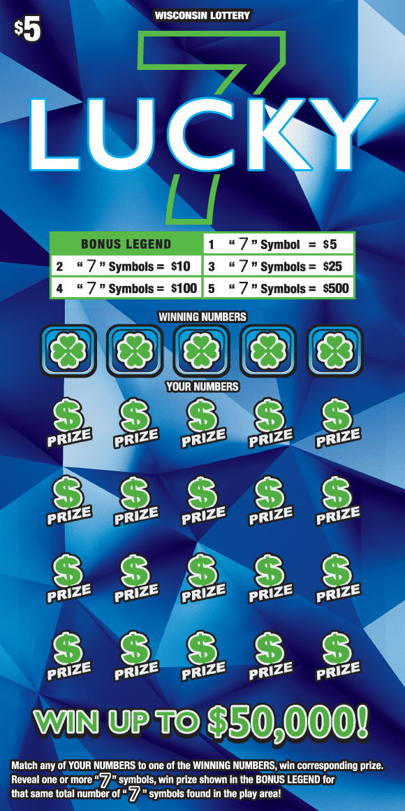 background pattern of assorted shades of blue triangles with bright green clover and dollar sign icons and outlined green 7 on Wisconsin Lottery game