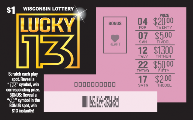 Lucky 13 Scratch Game sleek black ticket with gold coins and bold lettering and gold outline making up number 13 on Wisconsin Lottery scratch game