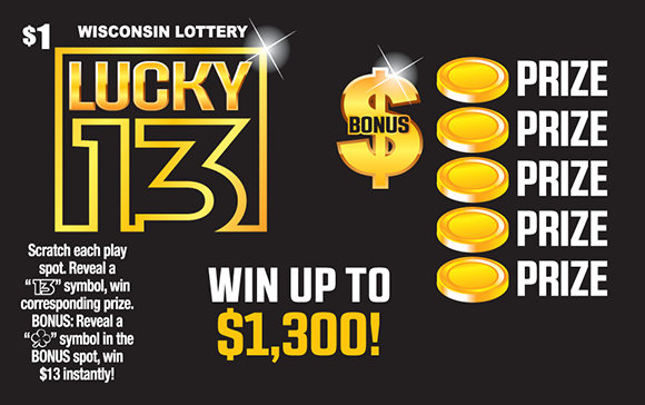 Lucky 13 Scratch Game sleek black ticket with gold coins and bold lettering and gold outline making up number 13 on Wisconsin Lottery scratch game