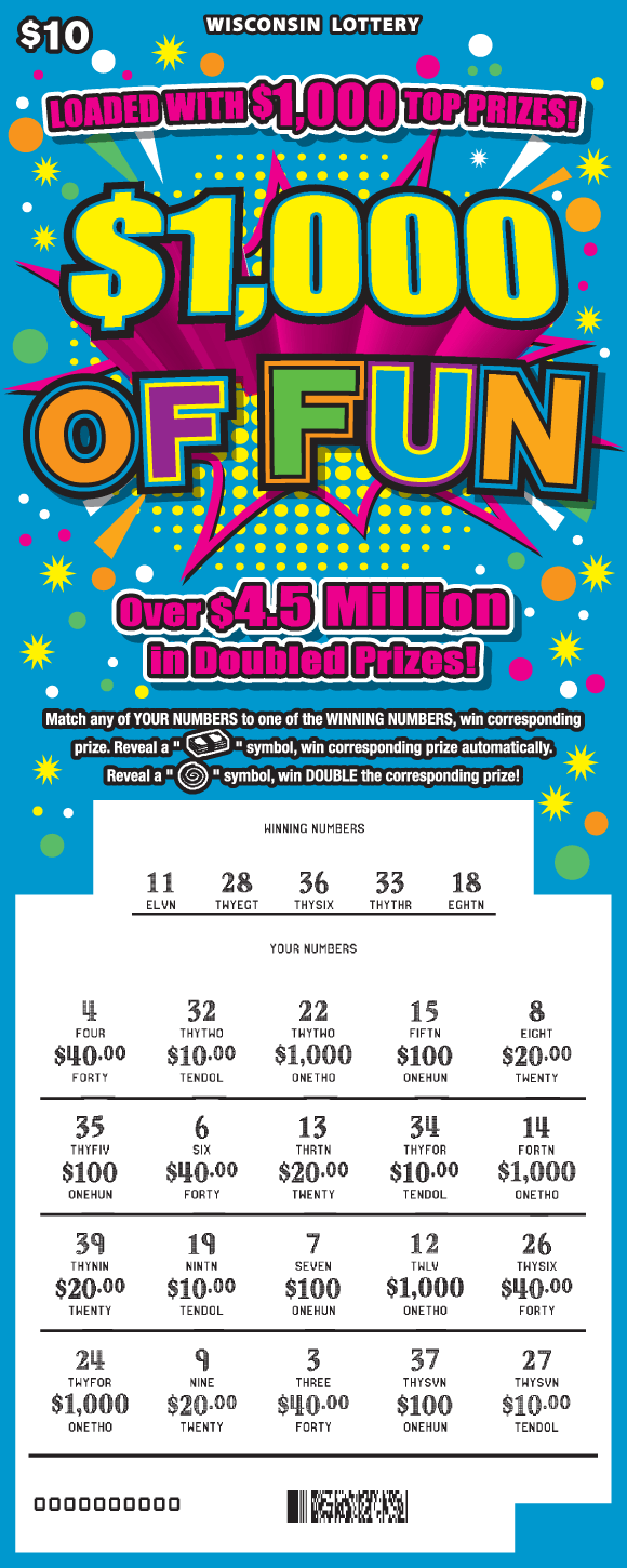$1,000 of Fun Scratch Game colorful confetti and streamers on bold blue background with gold dollar symbols and pink burst surrounding multi color lettering in various fonts on Wisconsin Lottery scratch game