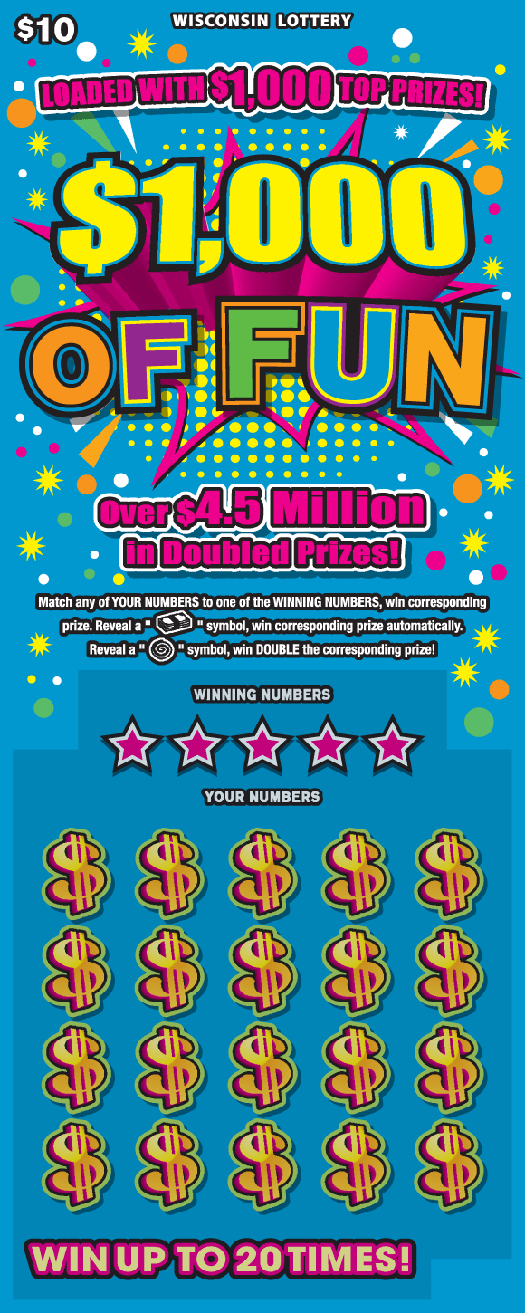 $1,000 of Fun Scratch Game colorful confetti and streamers on bold blue background with gold dollar symbols and pink burst surrounding multi color lettering in various fonts on Wisconsin Lottery scratch game