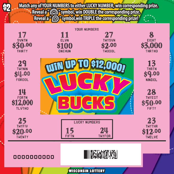layered rainbow of colors with icons of white clouds and pots of gold with bold red letters outlined with bright blue on Wisconsin Lottery scratch game  