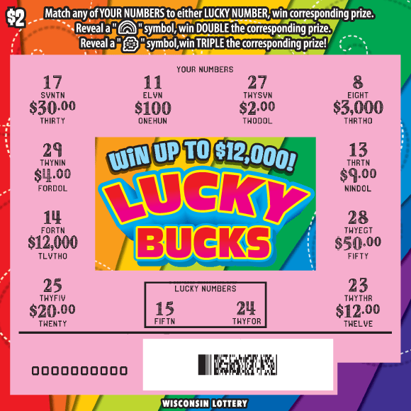 Lucky Bucks Scratch Game layered rainbow of colors with icons of white clouds and pots of gold with bold red letters outlined with bright blue on Wisconsin Lottery scratch game