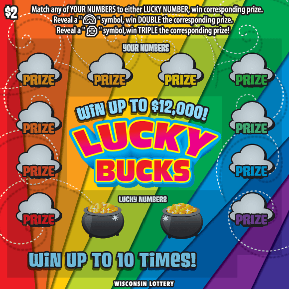 Lucky Bucks Scratch Game layered rainbow of colors with icons of white clouds and pots of gold with bold red letters outlined with bright blue on Wisconsin Lottery scratch game