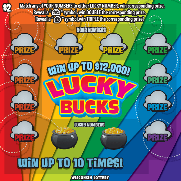 layered rainbow of colors with icons of white clouds and pots of gold with bold red letters outlined with bright blue on Wisconsin Lottery scratch game  