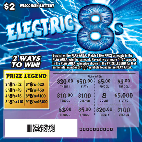 Electric 8s Scratch Game white and blue lightning streaks across cark blue background with white icons of lightning bolts on Wisconsin Lottery scratch game