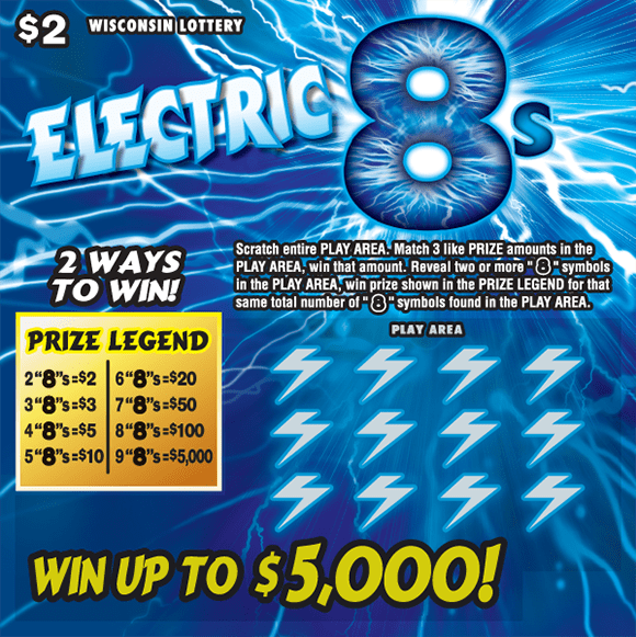 white and blue lightning streaks across cark blue background with white icons of lightning bolts on Wisconsin Lottery scratch game