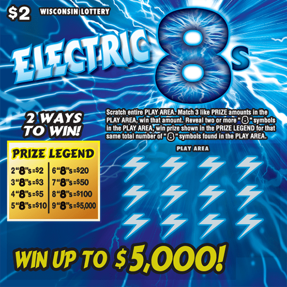 Electric 8s Scratch Game white and blue lightning streaks across cark blue background with white icons of lightning bolts on Wisconsin Lottery scratch game