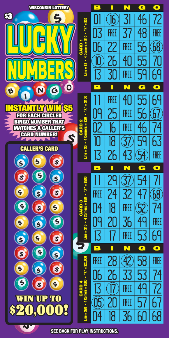 assortment of brightly colored bingo balls on purple background with 4 blue bingo cards on scratch ticket