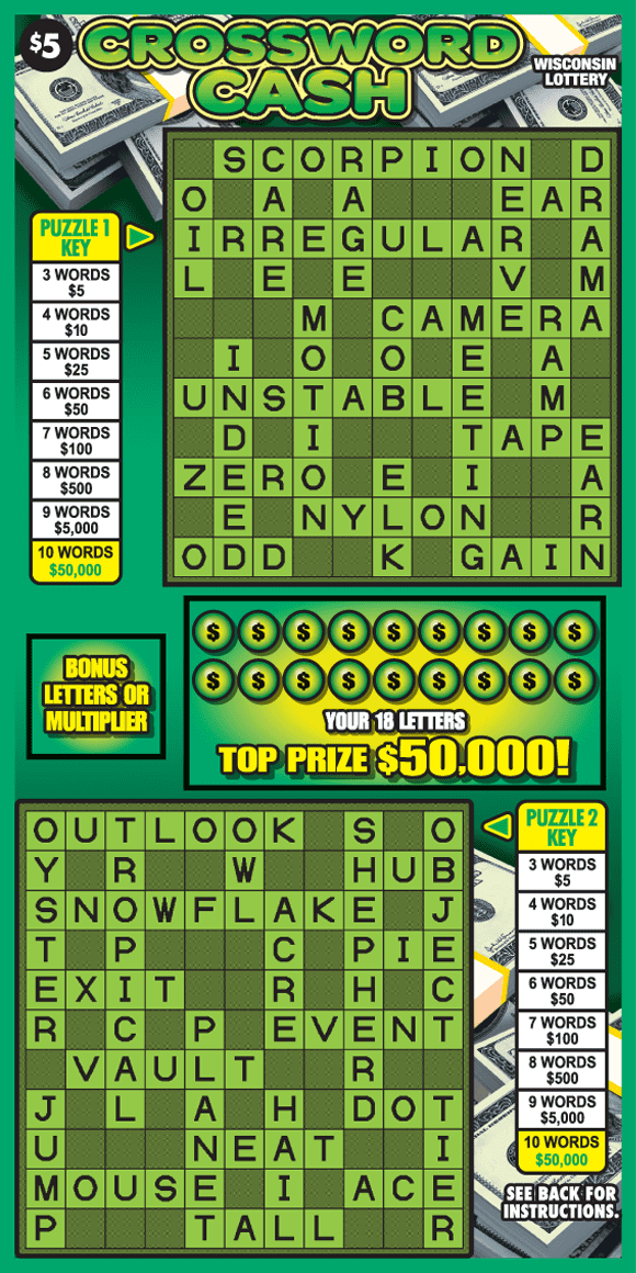 stacks of dollar bills with yellow bands on green background with two lime green and black crossword puzzles, dollar symbols, and bubble type green and yellow lettering on scratch ticket