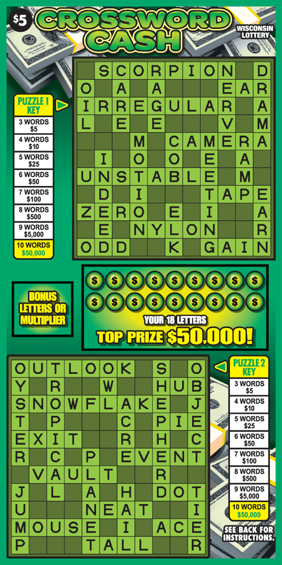 Crossword Cash Scratch Game stacks of dollar bills with yellow bands on green background with two lime green and black crossword puzzles, dollar symbols, and bubble type green and yellow lettering on scratch ticket
