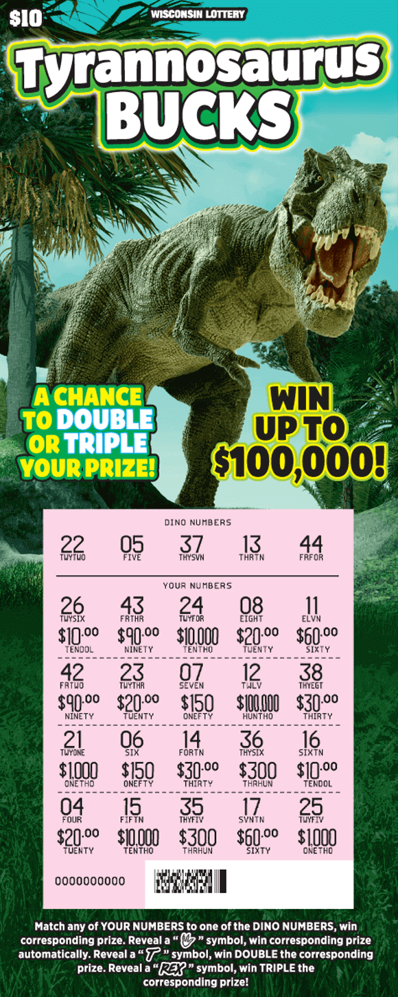 green grass, blue skies and palm trees with giant roaring trex dinosaur on Wisconsin Lottery scratch game 