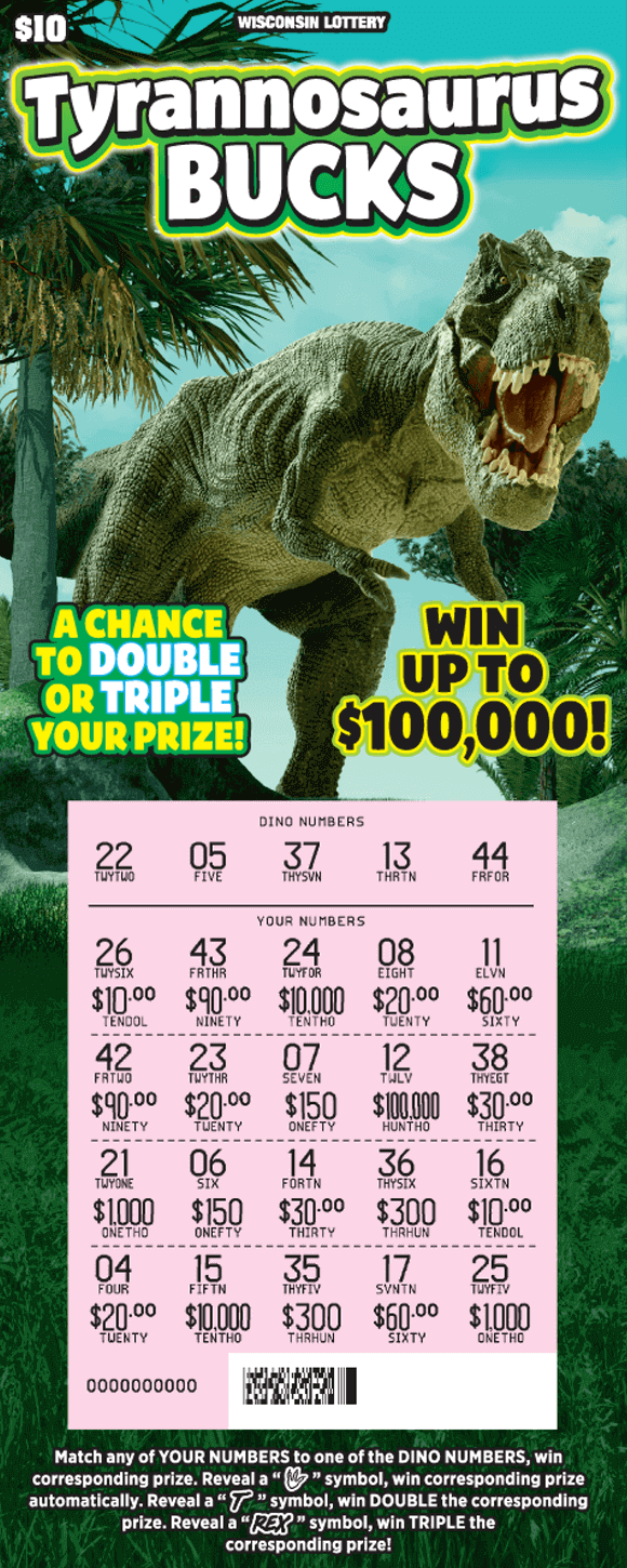 Tyrannosaurs Bucks Scratch Game green grass, blue skies and palm trees with giant roaring trex dinosaur on Wisconsin Lottery scratch game
