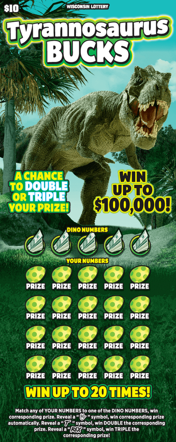Tyrannosaurs Bucks Scratch Game green grass, blue skies and palm trees with giant roaring trex dinosaur on Wisconsin Lottery scratch game