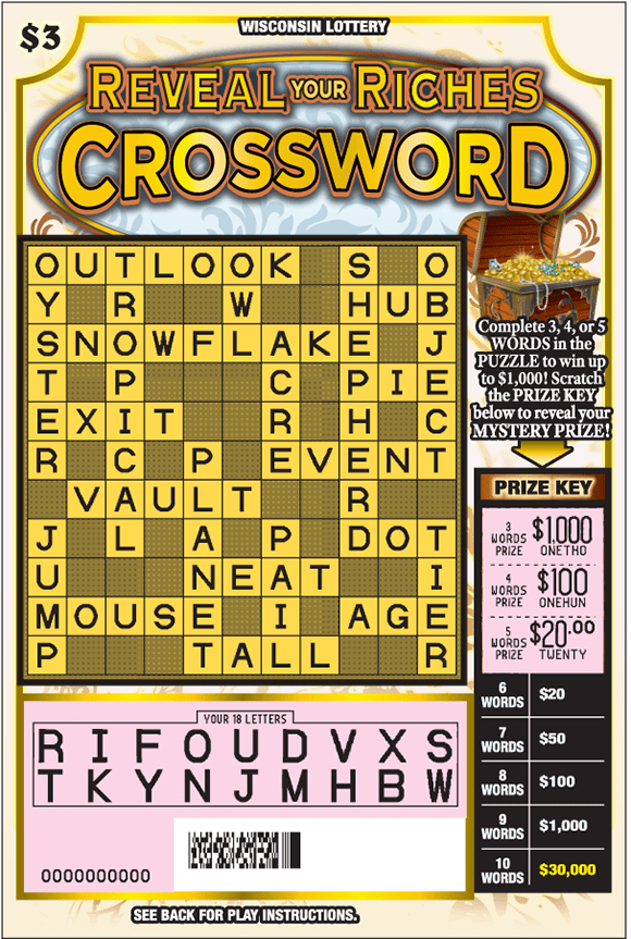 Reveal Your Riches Crossword Scratch Game yellow crossword game with gold bar icons and treasure chest filled with gold and jewelry with tan background on Wisconsin Lottery scratch game