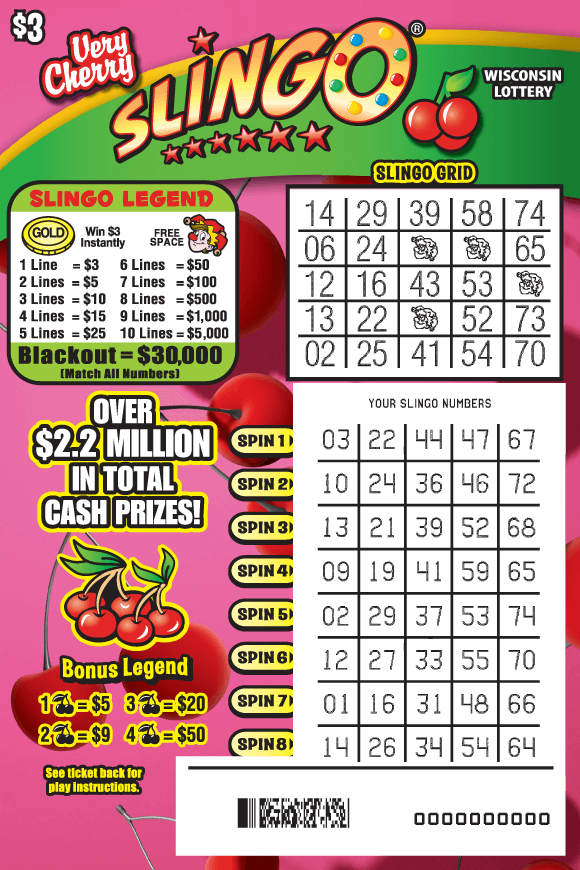 Very Cherry SLINGO® Scratch Game red cherries with green stems on pink background with red 7s, gold bells, lemons, oranges and watermelon icons and red cursive and yellow bold lettering on scratch ticket