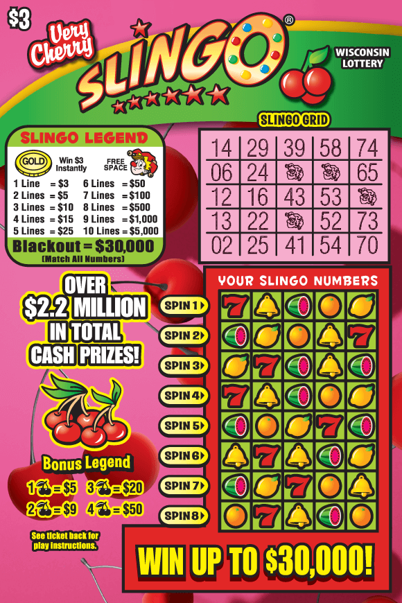 Very Cherry SLINGO® Scratch Game red cherries with green stems on pink background with red 7s, gold bells, lemons, oranges and watermelon icons and red cursive and yellow bold lettering on scratch ticket