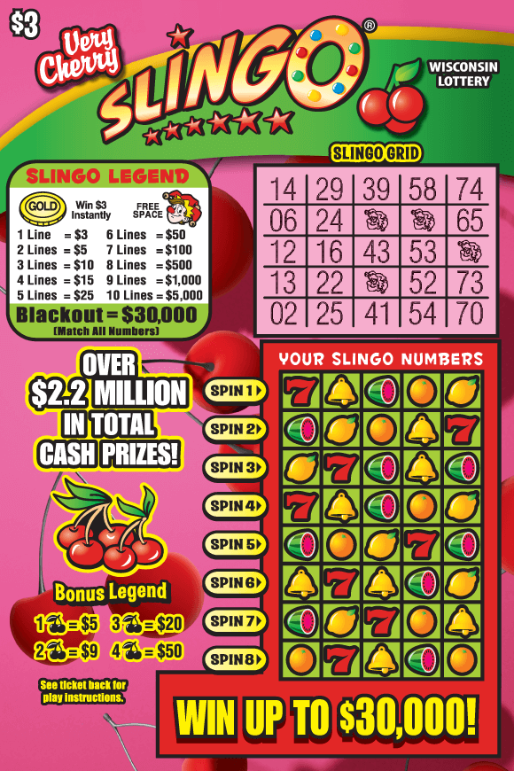 red cherries with green stems on pink background with red 7s, gold bells, lemons, oranges and watermelon icons and red cursive and yellow bold lettering on scratch ticket