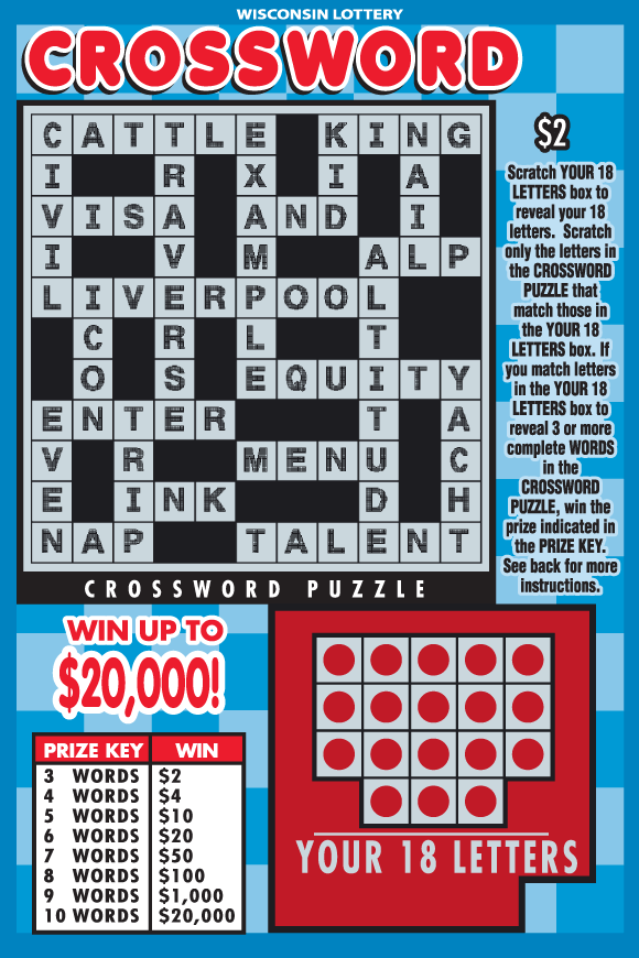 crossword puzzle on background of light and dark blue squares with red bubble lettering on wisconsin lottery scratch game 