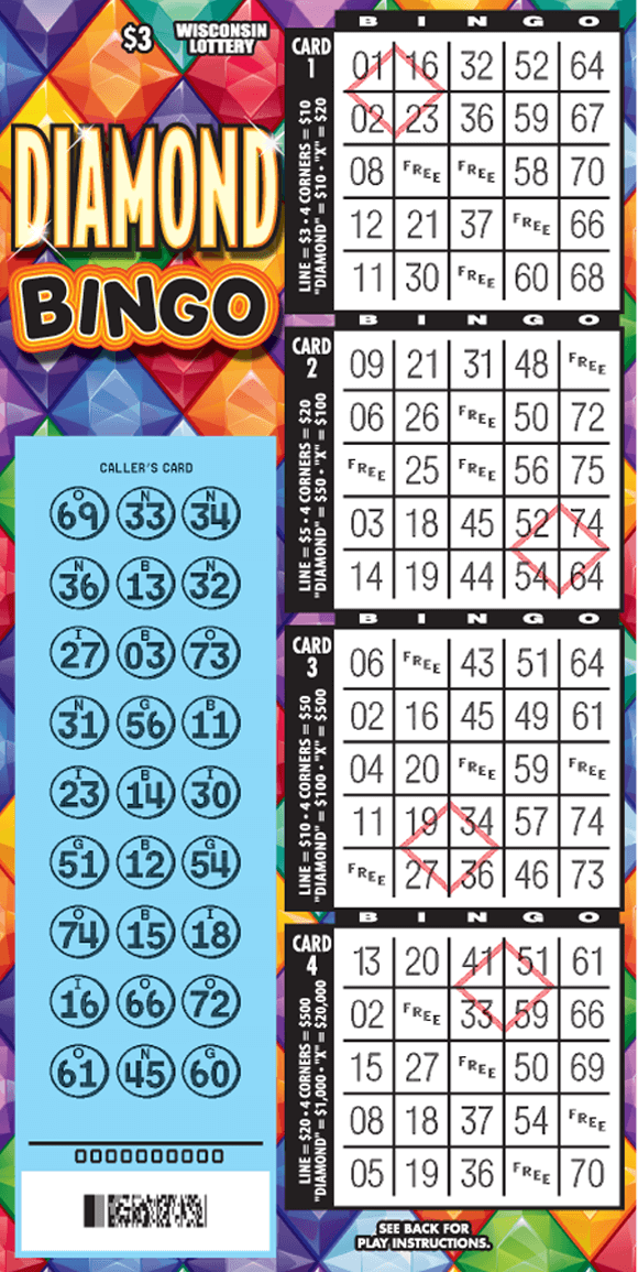 Diamond Bingo Scratch Game bingo game with four bingo cards scratched on right side of ticket with colorful diamonds on the left side scratched to reveal numbers in callers card on scratch ticket from wisconsin lottery