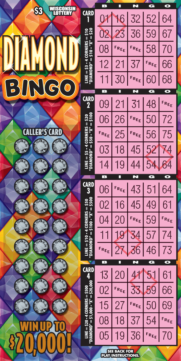 bingo game with four bingo cards scratched on right side of ticket with colorful diamonds on the left side scratched to reveal numbers in callers card on scratch ticket from wisconsin lottery