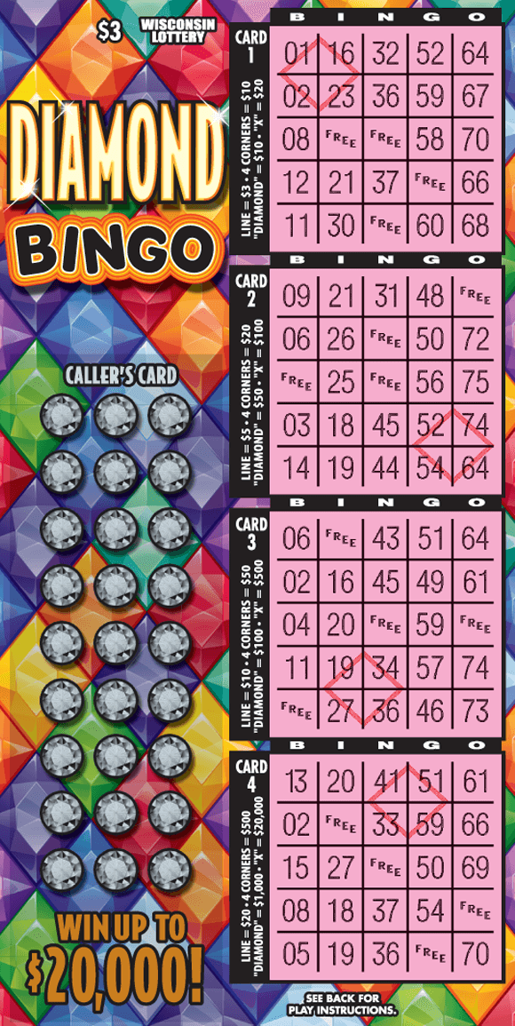 Diamond Bingo Scratch Game bingo game with four bingo cards scratched on right side of ticket with colorful diamonds on the left side scratched to reveal numbers in callers card on scratch ticket from wisconsin lottery